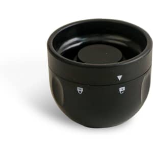 A drink bottle stopper in a sleek black colour, featuring a smooth, rounded design and a logo.
