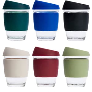 A drink bottle featuring six reusable glass coffee cups in colours including green, blue, black, cream, burgundy, and olive.