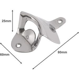 A drink bottle opener in shiny silver metal, featuring a wall mount design with dimensions indicated.
