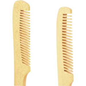A natural small bamboo comb with handle, featuring a light golden colour and a simple design.