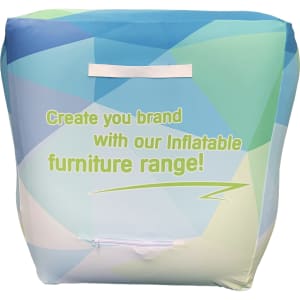 An inflatable one-seat sofa in shades of blue and green with a logo or branding on it.