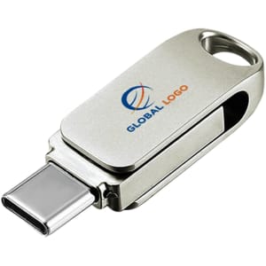 A silver Type-C flash drive featuring a logo, with a retractable connector for easy access.