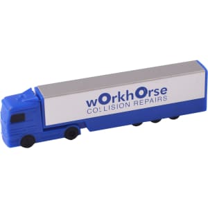 A blue truck-shaped flash drive with a silver truck bed, featuring a logo on the side.