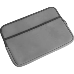 A grey laptop bag with a zip closure and two exterior pockets, featuring a simple design and branding.