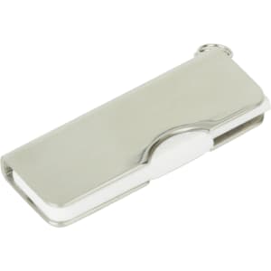 A silver alloy flash drive featuring a swivel mechanism and a small ring for attachment.