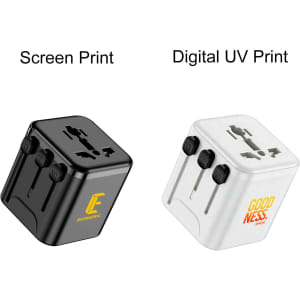 A black and a white mini universal travel adapter featuring multiple plug configurations and branding.