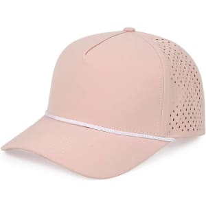 A light pink performance cap with a mesh back and a white rope detail. Features a branded logo on the side.
