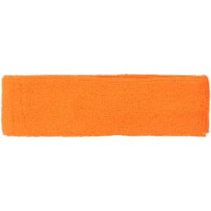An orange headband made of textured fabric, featuring a branding logo.