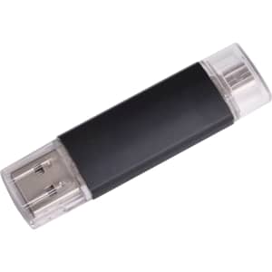 A black double-end flash drive with clear ends, featuring a logo on its surface.