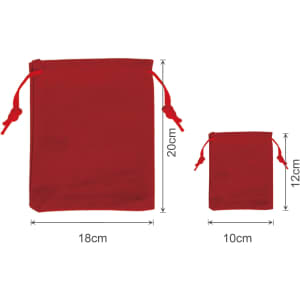Two red drawstring gift bags, one larger (18cm x 20cm) and one smaller (10cm x 12cm), displayed side by side.
