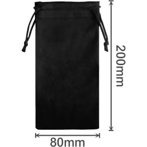 A black RPET lens pouch with a drawstring closure, measuring 200mm by 80mm. It features a logo.