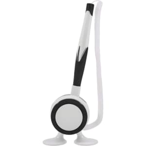 A pen with a white body, black accents, and a flexible cord attached, featuring a circular base and a silver clip.