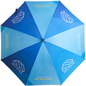 A blue umbrella featuring a fan, with a logo on its surface. The design includes light blue sections.
