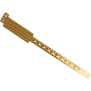 A gold holographic PVC wristband featuring a textured design, with a section for fastening.