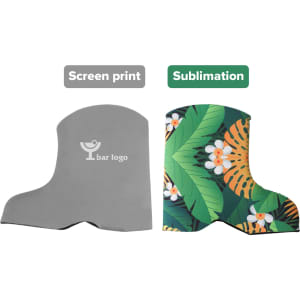 A drink bottle holder in the shape of a boot, featuring grey and colourful tropical designs, with branding visible.
