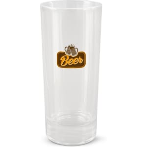 A clear glass with a logo, featuring a tall, straight design suitable for beverages.