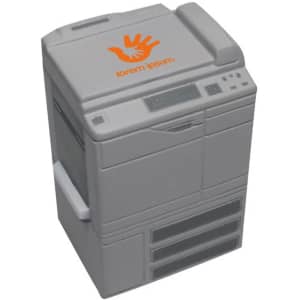 A grey photocopier shaped stress reliever with a logo on top, featuring various buttons and drawers.