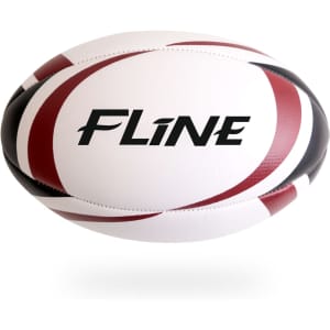 A rugby ball featuring a white base with red and black curved stripes and a logo.