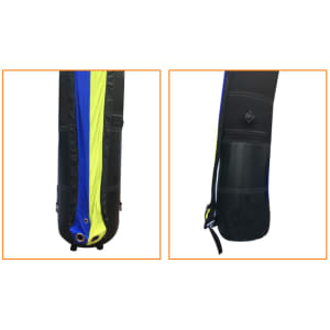 A black and yellow inflatable marquee with zippers and a valve for inflation or deflation.