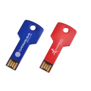 Two key-shaped flash drives in blue and red, featuring a circular hole for attachment and branding elements.