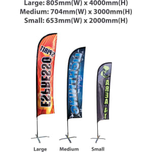 Medium straight feather banner, 70.4cm wide and 300cm high, featuring a logo and vibrant colours.