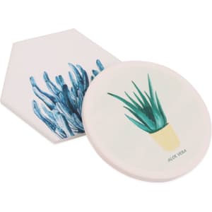 A hexagonal and round coaster featuring illustrations of aloe vera plants in green and blue shades. Both coasters have a logo.