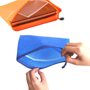 A5 zippered pouch bag in orange and blue, featuring a mesh pocket and a sleek design. Includes a logo.