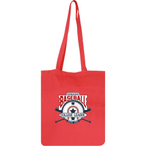 A red cotton tote bag with long handles and a logo featuring a baseball design.