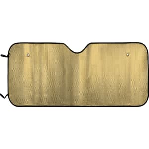 A bubble aluminium car sunshade in gold with a black trim, featuring a hollow centre for a rearview mirror.
