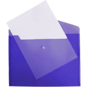 A4 clear file envelope in purple, containing a sheet of paper partially inserted, featuring a button closure.