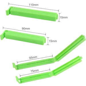 A green medium food bag seal clip in various positions, showcasing its adjustable lengths and design features.