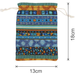 A colourful linen burlap drawstring bag featuring various blue and patterned designs, measuring 18cm by 13cm.