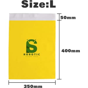 A large yellow biodegradable mailer bag with measurements displayed, featuring a logo.