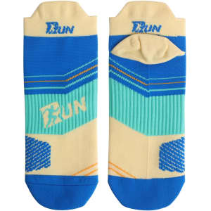 A pair of blue, mint, and cream socks with a logo, featuring a no-show design and textured patterns.