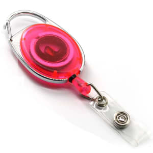 A retractable oval card holder in vibrant pink with a metal clip and clear strap attachment.