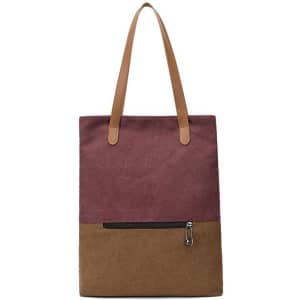 A convertible canvas backpack and tote bag in maroon and brown, featuring two long straps and a zippered pocket.