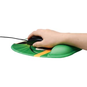 A green Pea Gel Pad mouse mat with a hand using a black mouse on it. The mat features a smooth surface and a logo.