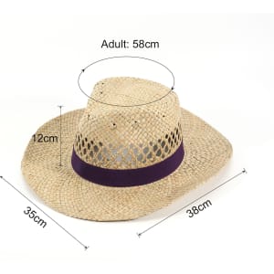 A cowboy straw hat in natural straw colour with a purple band, featuring measurements for size.