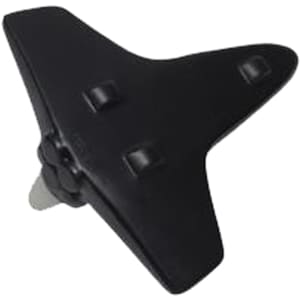 A black shuttle-shaped stress reliever with three raised buttons and a round base. It features a logo.