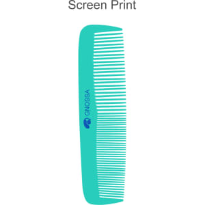 A custom blended tooth comb in teal with a logo, featuring a smooth and fine-toothed design.