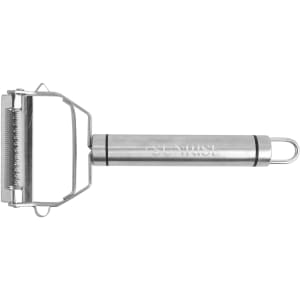 A stainless steel vegetable peeler with two peeler blades, featuring a comfortable handle and a logo.