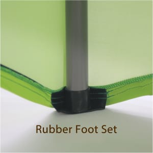 A close-up of a green stretch table cover showing a rubber foot set at the corner, enhancing stability and grip.
