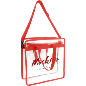 A clear tote bag with red straps and a logo, featuring a shoulder strap for easy carrying.