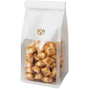 A white and clear bag filled with star-shaped cookies, featuring a logo on the front.