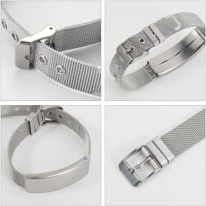 A metal bracelet featuring a mesh design with a silver finish and secure clasp. Includes a logo on the buckle.