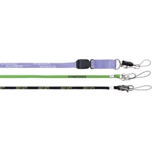 Three poly rope lanyards in purple, green, and black, each featuring a clip for attachment and a logo.