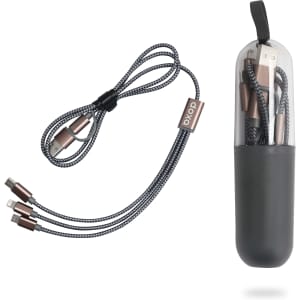 A black capsule storage case with a grey braided charging cable featuring multiple connectors inside.
