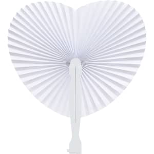 A white heart-shaped paper fan with a folded design and a plastic handle, featuring a simple, elegant style.