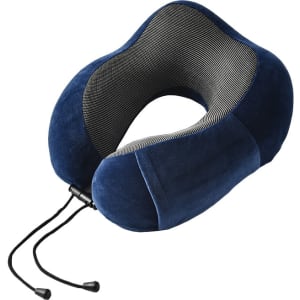 A navy blue U-shaped travel pillow with a soft texture and a striped inner lining, featuring adjustable cords.