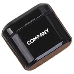 A black charging case for wireless earbuds with a simple logo. The design is sleek and modern.